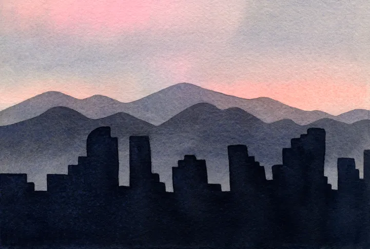 Watercolor illustration of the Denver skyline with mountains at sunset
